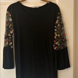 Black Long Sleeve Dress with Floral Embroidered Mesh Sleeves